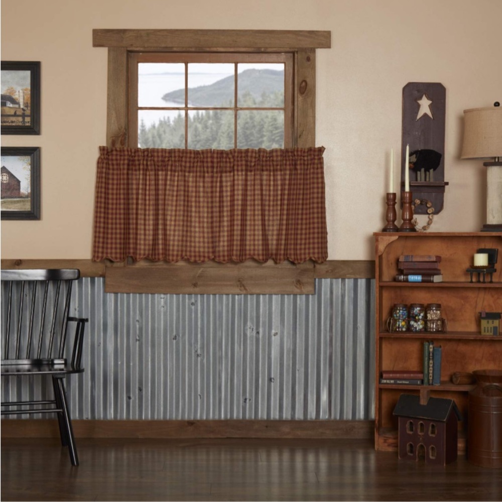 VHC Brands Burgundy Check Primitive 24x36” Tier Pair Red Rod Pocket Curtains